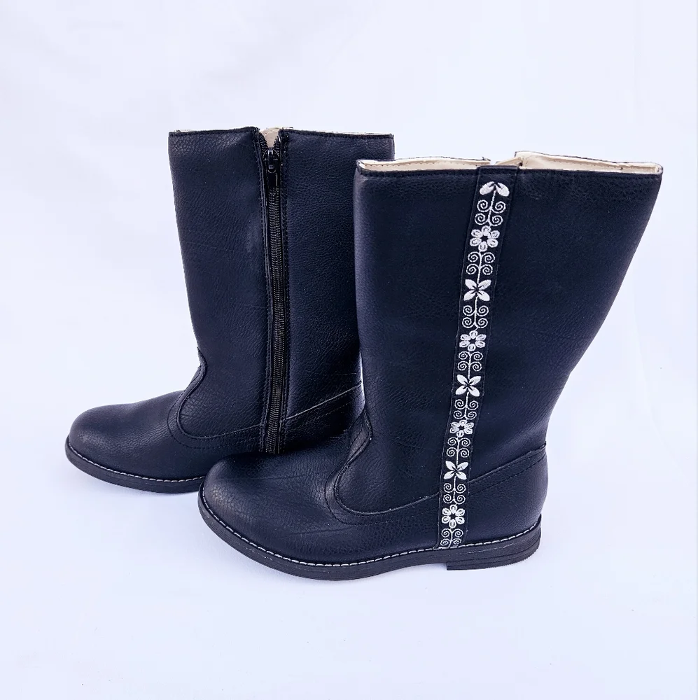 Hanna Andersson Regina Tall Boots Black With Silver Flowers And Zippers